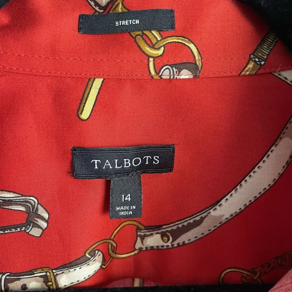 Talbots Top Plus Size 14 Womens Shirt Chains Versace Style Red Gold Print Button - Picture 9 of 10